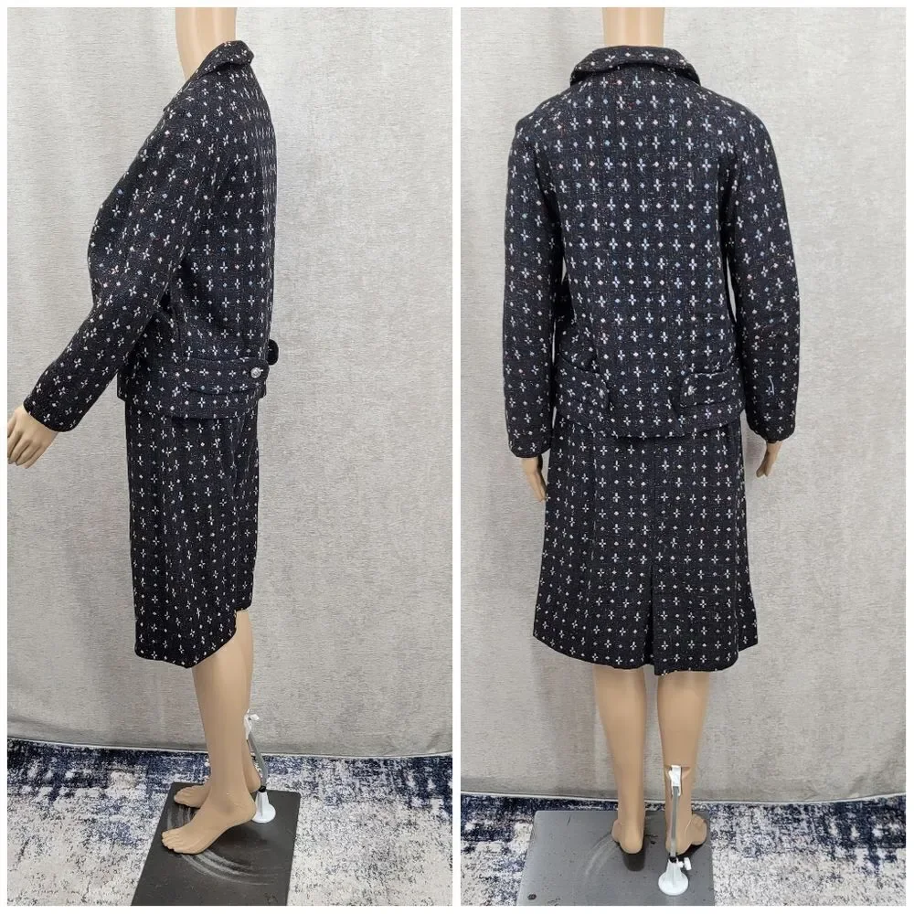 60s Vintage Handmade Tailored Wool Matching Skirt Suit Set Black with Pink Blue